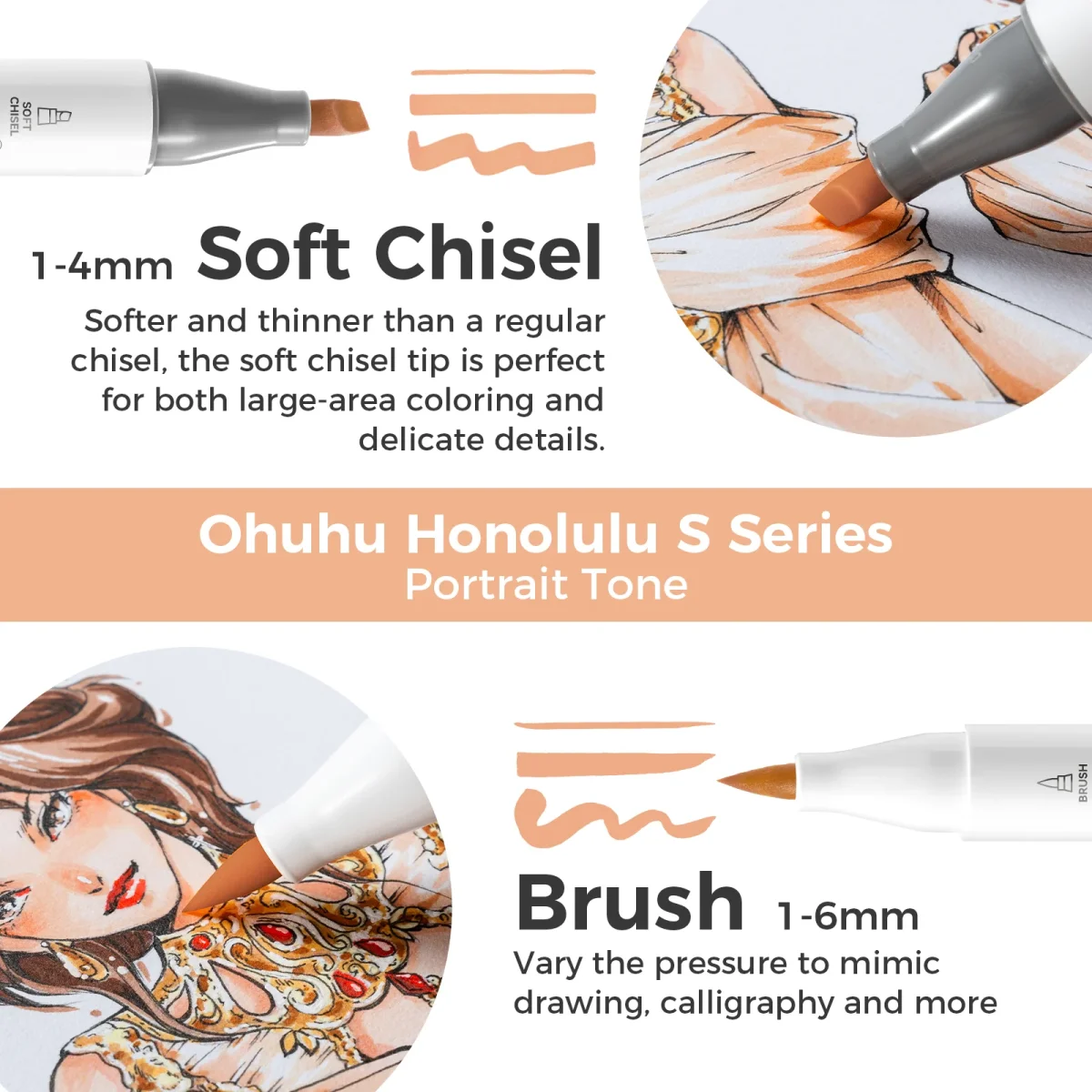 2E KANSJE-2026-0714: Ohuhu Honolulu S 24 Skin Tone kleuren – Dual Soft Tips Alcohol Art Markers – Brush & Soft Chisel - Afbeelding 5